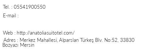 Anatolia Suit Otel telefon numaralar, faks, e-mail, posta adresi ve iletiim bilgileri